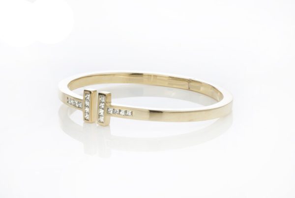 Tiffany and Co 18ct Yellow Gold Double T-Bar Bangle with 1.60cts Princess Cut Diamonds. Comes in Tiffany & Co box