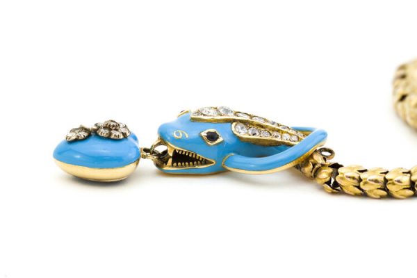 Antique Victorian Blue Enamel and Old Cut Diamond Snake Necklace; with blue enamel and diamond heart mourning pendant locket, 1.86 carat total, 18ct yellow gold, Circa 1860s.
