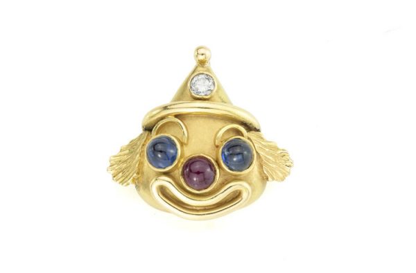 Vintage Deakin and Francis Gem Set 18ct Yellow Gold Clown Pendant; set with a diamond, cabochon sapphires and a ruby, with initials RD, Birmingham 1979