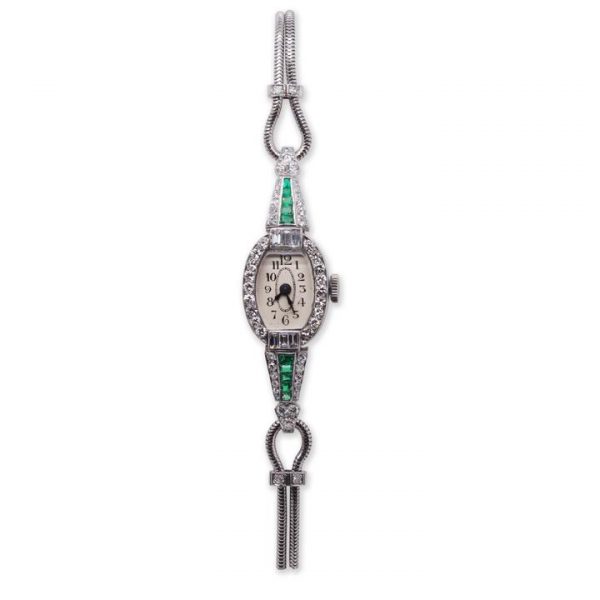 Longines Art Deco Diamond, Emerald and Platinum Cocktail Watch, diamond set bezel, diamond and emerald set shoulders, 1.00 carat total