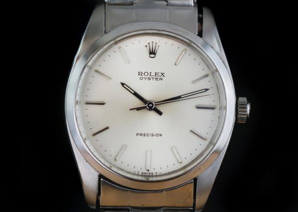 Vintage Rolex Oyster Precision 6424 Stainless Steel 34mm Manual Watch, with Box and Papers, engraved J Gaitskell, HMS Nubian marine engineer mechanic