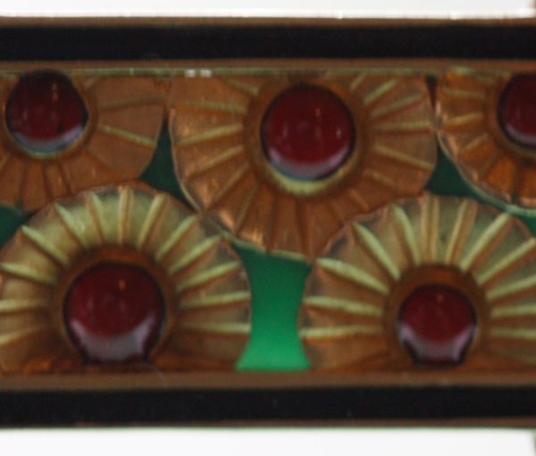 Art Deco French Enamel, Diamond and 18ct Gold Yellow Poppy Bar Brooch; red enamel and green plique a jour flower panel, black enamel frame, flanked by rose cut diamonds set in platinum