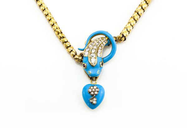 Antique Victorian Blue Enamel and Old Cut Diamond Snake Necklace; with blue enamel and diamond heart mourning pendant locket, 1.86 carat total, 18ct yellow gold, Circa 1860s.