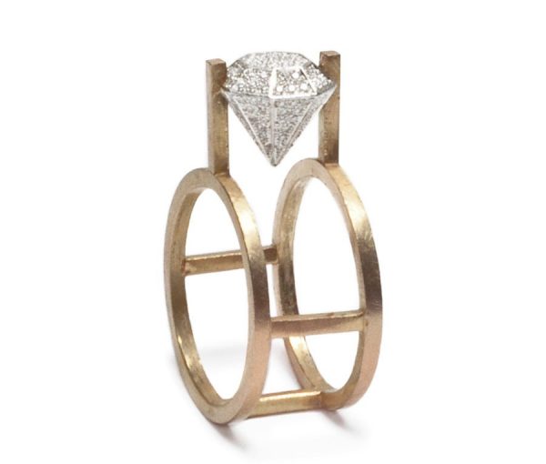 Contemporary Floating Diamond Pave Ring, large stylized diamond frame pave set with tiny brilliant cut diamonds, 18ct yellow gold, By Philip Sajet, 2014