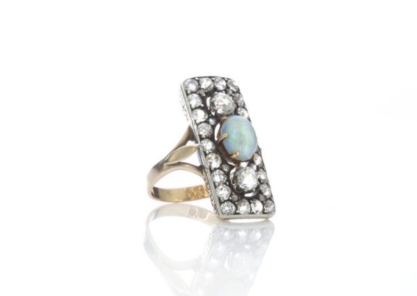 Antique Opal and Old Cut Diamond Rectangular Panel Ring in 18ct Gold