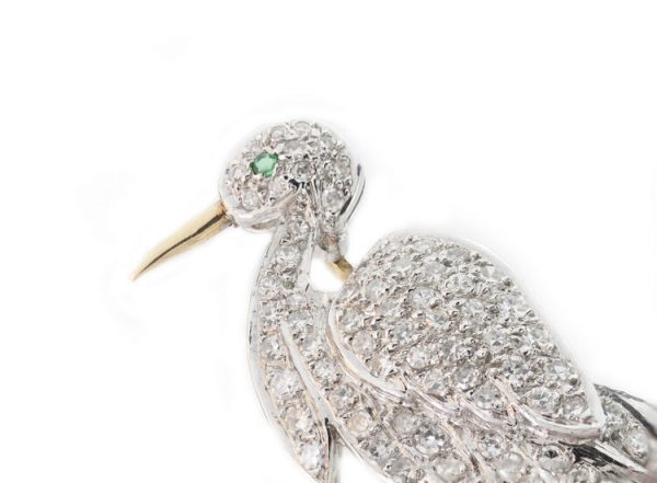 Vintage Diamond and 18ct Yellow Gold Stork Bird Brooch; set with round brilliant-cut diamonds, 1.24 carat total, Made in England, London 1989