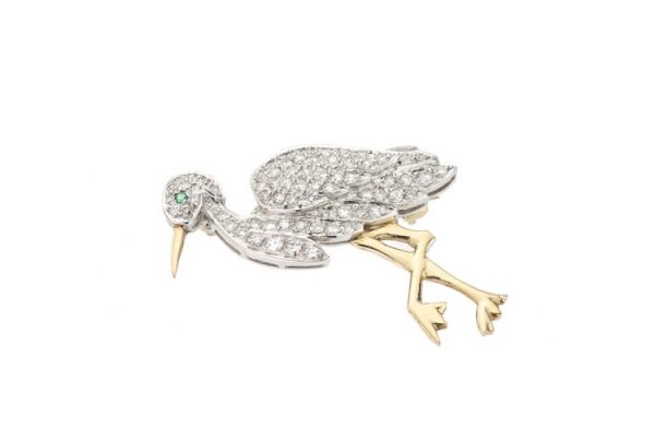 Vintage 1.24ct Diamond and 18ct Yellow Gold Stork Bird Brooch, Made in England, London 1989