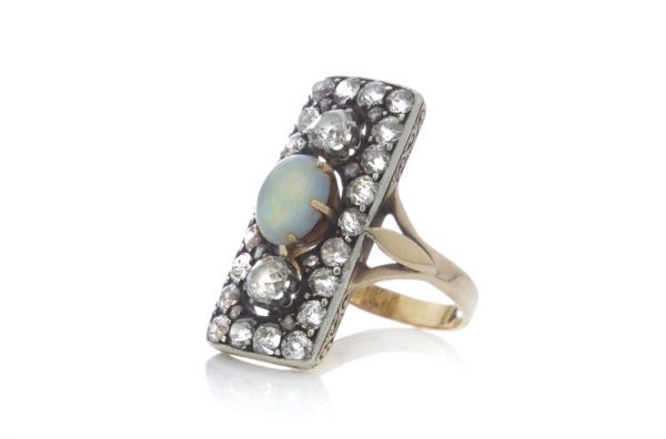 Antique Opal and Old Cut Diamond Rectangular Panel Ring in 18ct Gold