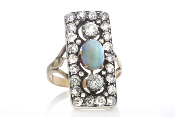 Antique Opal and Old Cut Diamond Rectangular Panel Ring in 18ct Gold