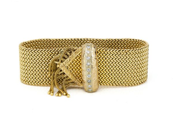 Vintage 18ct Yellow Gold Woven Bracelet, Diamond set Clasp, Circa 1970s