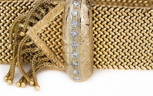 Vintage 18ct Yellow Gold Woven Bracelet, with 0.47ct Brilliant-cut Diamond set Clasp, accented with a tassel fringe, Circa 1970s