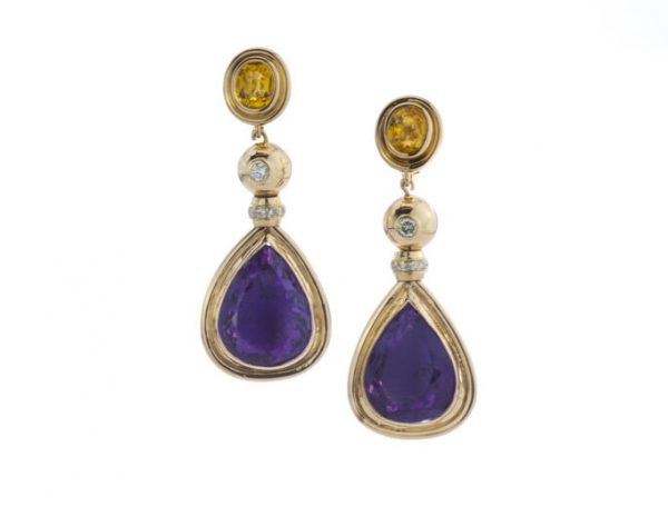 Vintage French Amethyst, Diamond and Citrine Clip On Drop Earrings, pear-cut amethyst suspended from a citrine set stud via a diamond set link, 18ct yellow gold, Circa 1970s