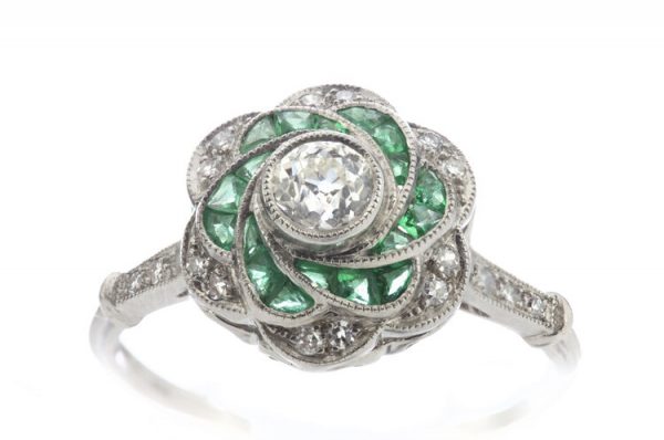 Vintage Emerald and Diamond Flower Swirl Cluster Ring, 18ct White Gold