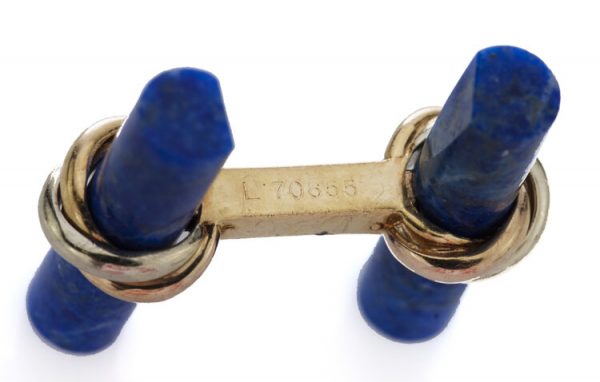 Cartier Lapis Lazuli and 18ct Yellow Gold Cufflinks; lapis lazuli bars enveloped by tri-colour gold twists, connected by 18ct yellow gold, in original Cartier box
