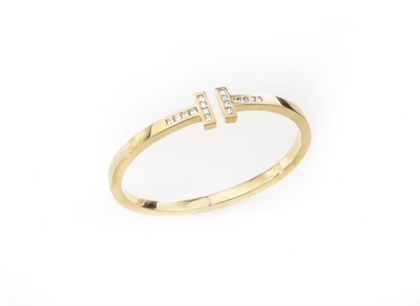 Tiffany and Co 18ct Yellow Gold Double T-Bar Bangle with 1.60cts Princess Cut Diamonds. Comes in Tiffany & Co box. Made in 2000s