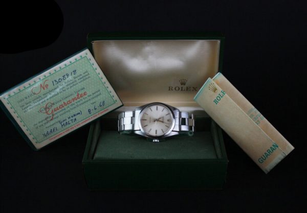 Vintage Rolex Oyster Precision 6424 Stainless Steel 34mm Manual Watch, with Box and Papers, engraved J Gaitskell, HMS Nubian marine engineer mechanic, Circa 1968