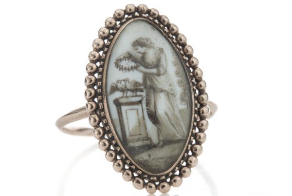Antique Georgian Marquise 18ct Yellow Gold Ring with Sepia Painting; depicting a lady holding a wreath over two doves. Circa 1780s