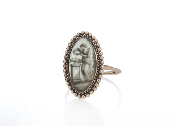 Antique Georgian Marquise 18ct Yellow Gold Ring with Sepia Painting; depicting a lady holding a wreath over two doves. Circa 1780s