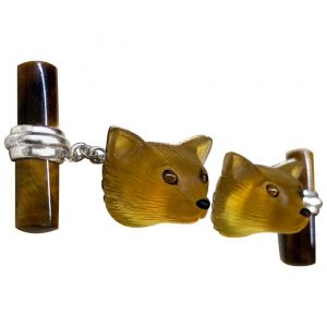 Yellow Opal, Tigers Eye and Carnelian Fox Cufflinks, 18ct White Gold