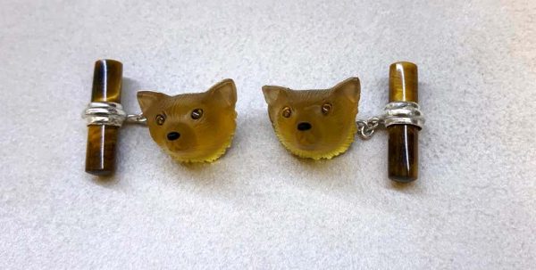 Yellow Opal, Tigers Eye and Carnelian Fox Cufflinks, 18ct White Gold