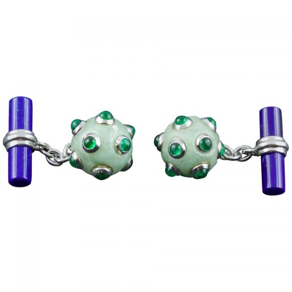 Jade, Emerald and Lapis Lazuli Submarine Mine 18ct Gold Cufflinks