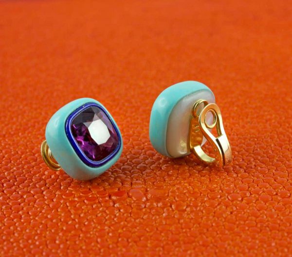 Amethyst, Lapis Lazuli, Turquoise and Mother of Pearl 18 Carat Yellow Gold Earrings