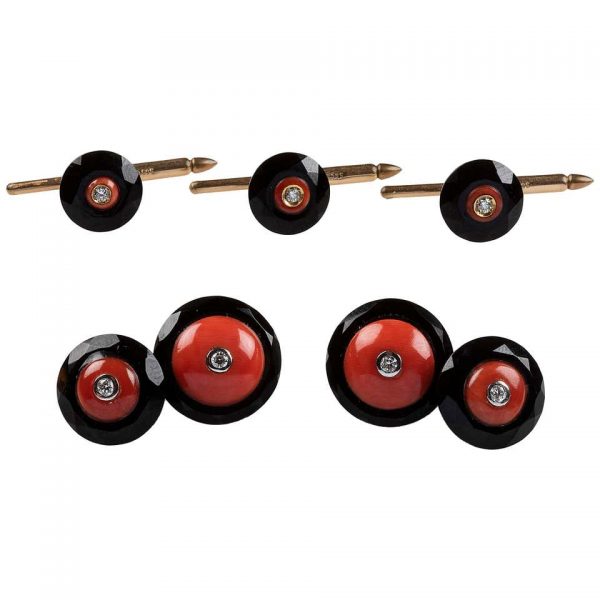 Onyx, Coral and Diamond Set Tuxedo Buttons Cufflinks, 18ct Yellow Gold