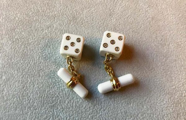 White Agate and Diamond Dice Cufflinks in 18ct Yellow Gold