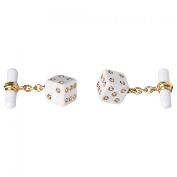 White Agate and Diamond Dice Cufflinks in 18ct Yellow Gold