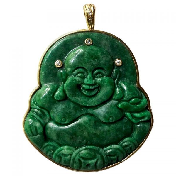 Diamond Set Jade Buddha Pendant, 18ct Yellow Gold