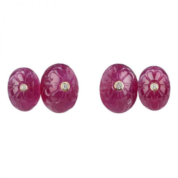 Hand Carved Oval Ruby and Diamond Cufflinks, 18ct Yellow Gold