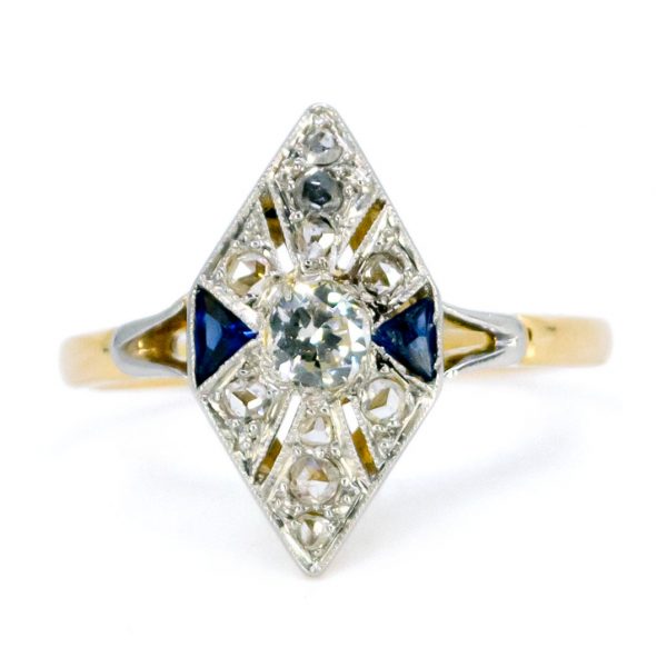 Art Deco Antique Old European Cut Diamond and Sapphire Ring