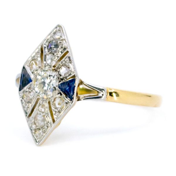 Art Deco Antique Old European Cut Diamond and Sapphire Ring