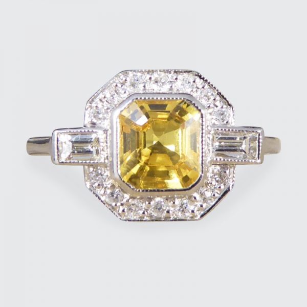 Art Deco Style 1.20ct Yellow Sapphire and Diamond Platinum Ring