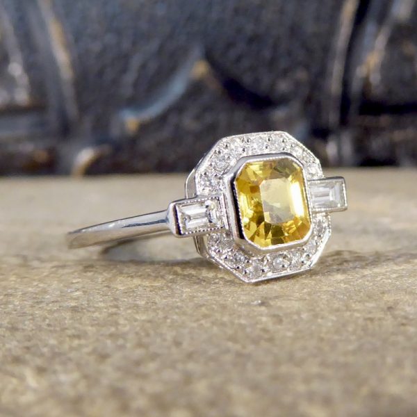 Art Deco Style 1.20ct Yellow Sapphire and Diamond Platinum Ring