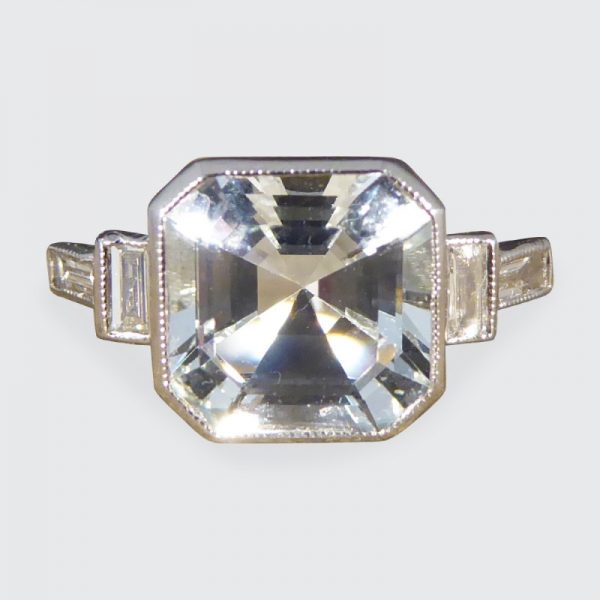 Art Deco Style 1ct Aquamarine and Baguette Cut Diamond Ring