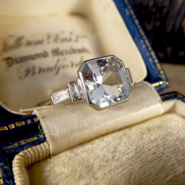 Art Deco Style 1ct Aquamarine and Baguette Cut Diamond Ring