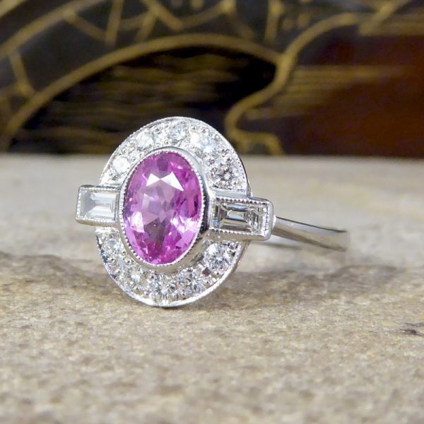 Art Deco Style Pink Sapphire and Diamond Cluster Ring