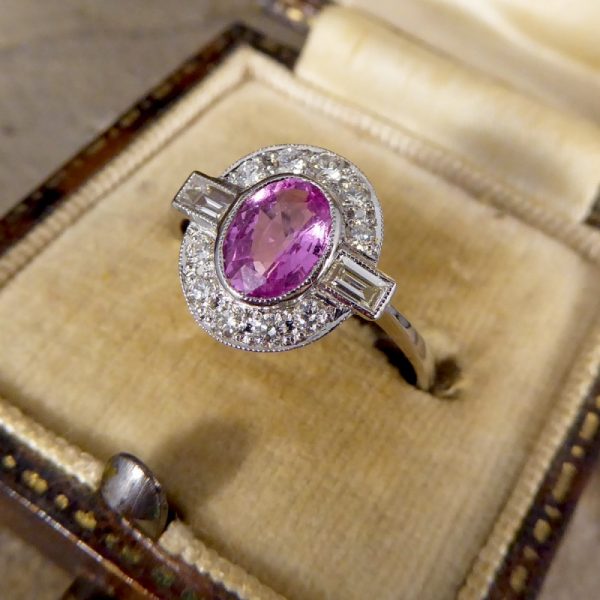 Art Deco Style Pink Sapphire and Diamond Cluster Ring