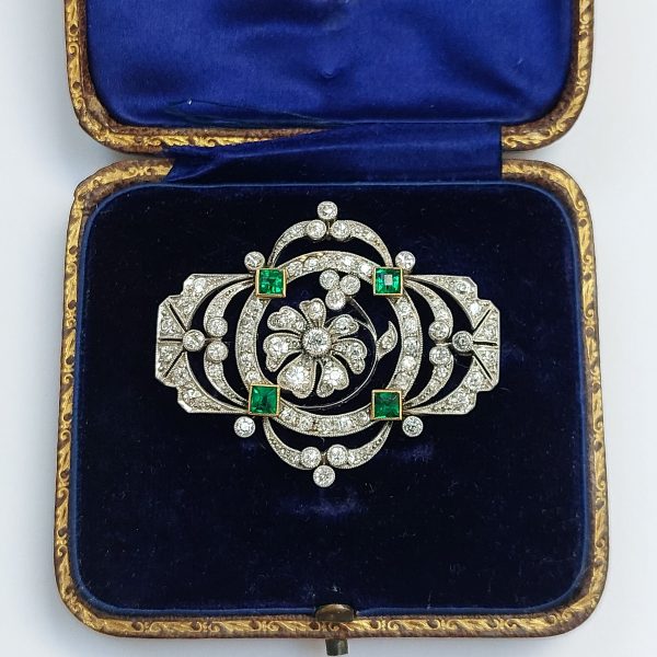 Belle Epoque Antique Emerald and Diamond Brooch