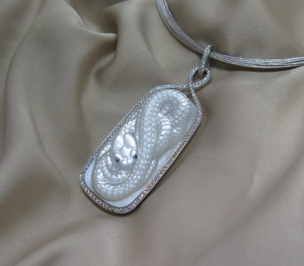 Carved Moonstone Snake and Diamond Pendant