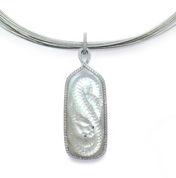 Carved Moonstone Snake and Diamond Pendant