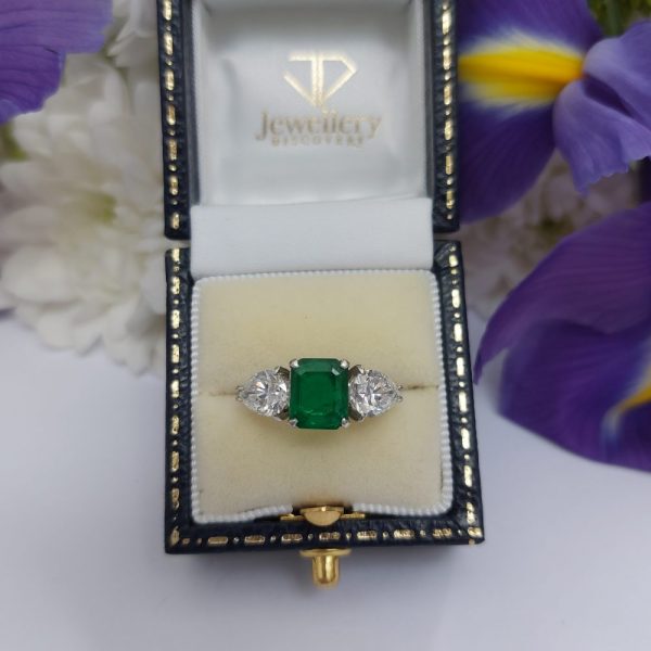 Emerald and Pear Shaped Diamond Three Stone Ring