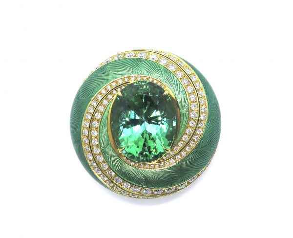 Green Tourmaline Diamond and Enamel Swirl Pendant