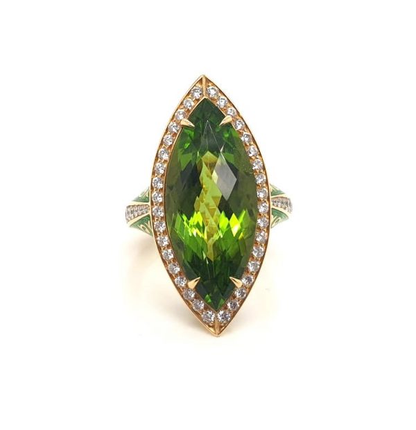 Peridot and Diamond Marquise Enamelled Ring