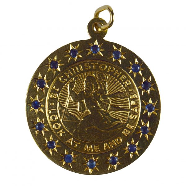 Large Yellow Gold Blue Sapphire St Christopher Charm Pendant