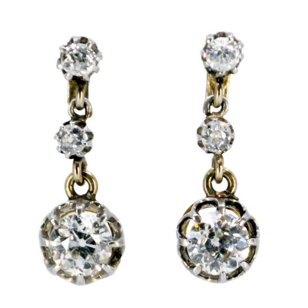 Vintage 3cts Old Mine Cut Diamond Drop Earrings
