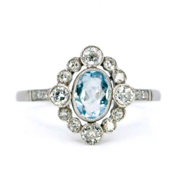 Vintage Aquamarine and Diamond Cluster Platinum Ring