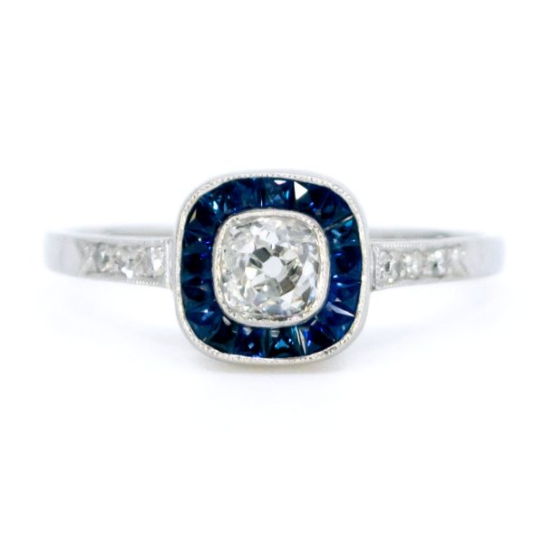 Vintage Cushion Cut Diamond and Sapphire Target Cluster Ring