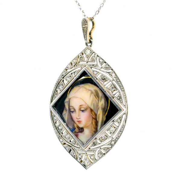 Vintage Enamel Portrait and Rose Diamond Pendant
